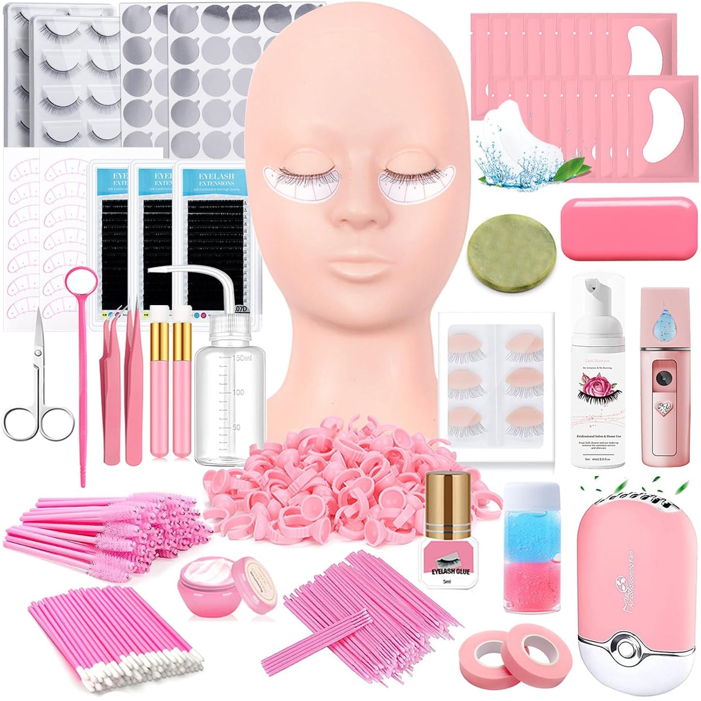 Lash Extension Kit Eyelash Practice for Beginners Professional Set with Mannequin Head Removable Eyelids USB Fan Spraye Individual False Lash Eyelash Strips Shampoo Brush Supplies