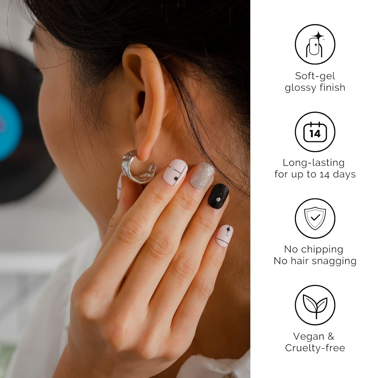 NAILOG Semi Cured Gel Nail Strips 34 pcs, Buy 2 Get 1 UV Lamp, Salon-Quality French Nail Strips with Soft Gel Finish| Timeless Strings