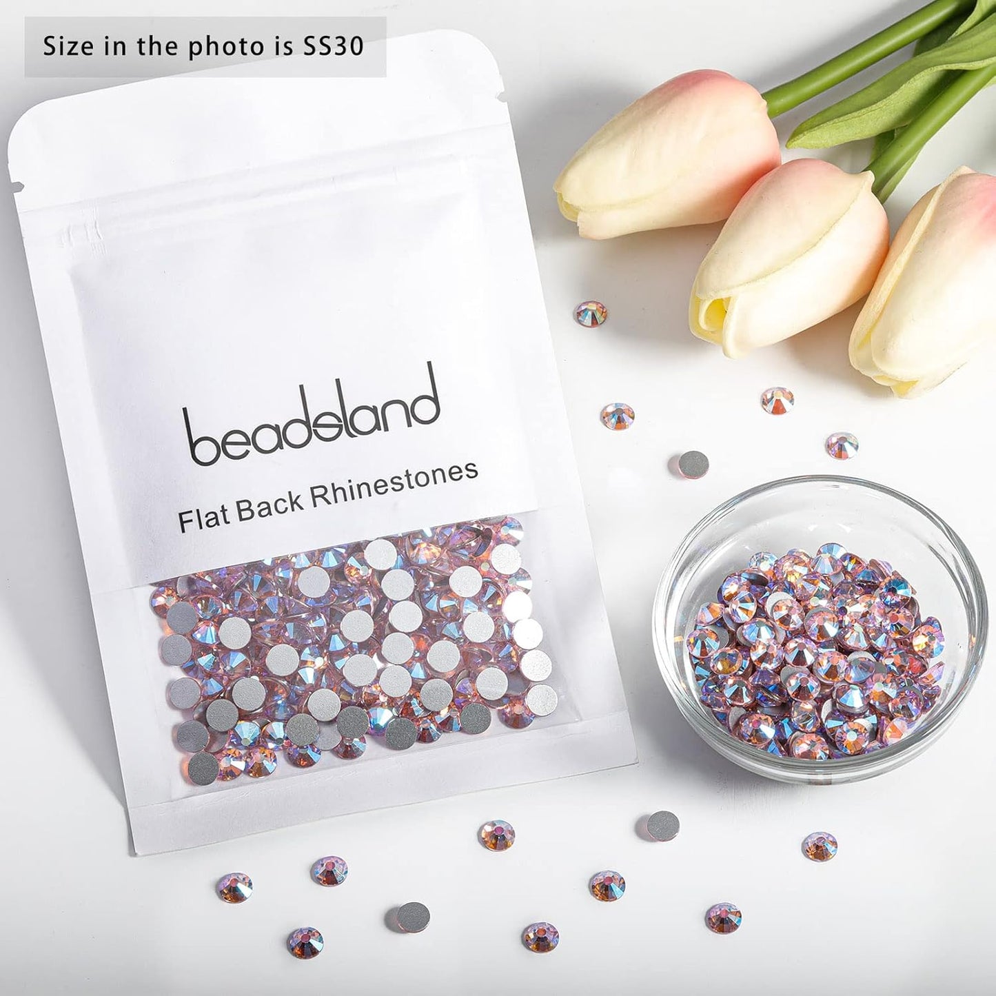 Beadsland 288 Pieces Flat Back Crystal Rhinestones Round Gems,Light Pink AB,SS30,6.3-6.5mm