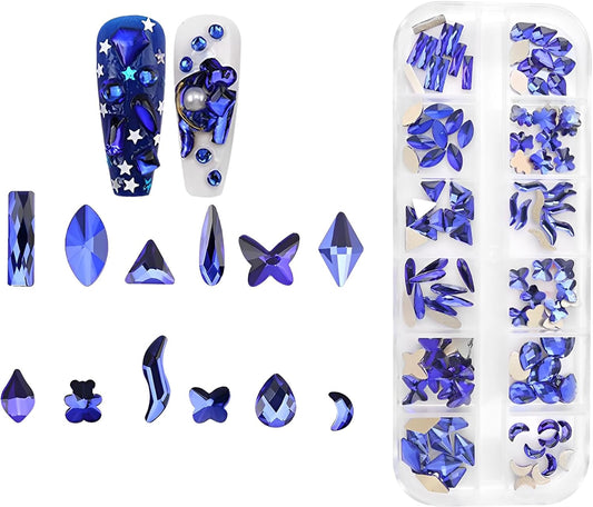 120pcs Flatback Rhinestones Glass Charms Diamantes Gems Stones for Nail Art Box Multi Shapes Sapphire