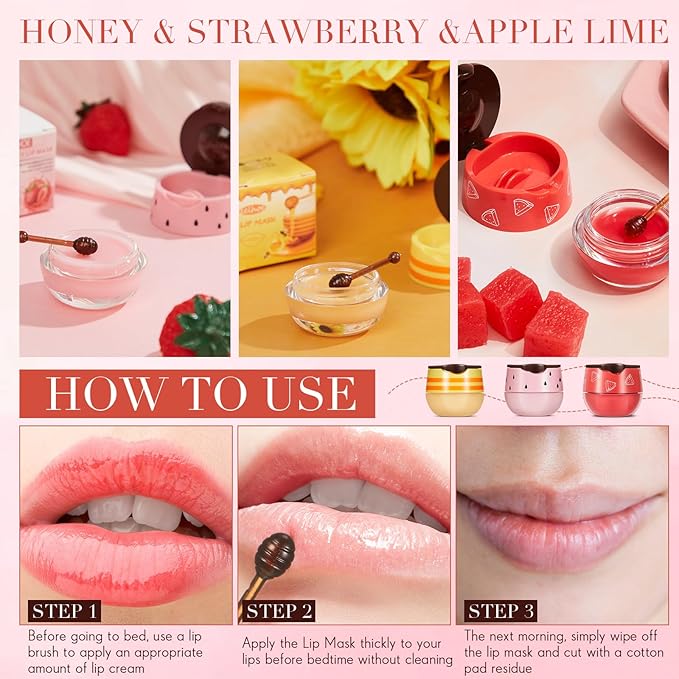 12 Pcs Bee Lip Balm Honey Pot with Brush Propolis Lip Mask Overnight, Moisturizing Hydrating Lip Sleeping Mask Prevention Dry and Cracked(Honey+Strawberry+Watermelon)