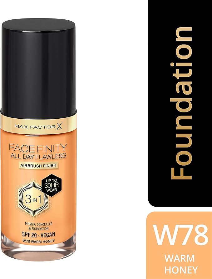 Max Factor Facefinity 3-in-1 All Day Flawless Liquid Foundation, SPF 20-78 Warm Honey, 30 ml