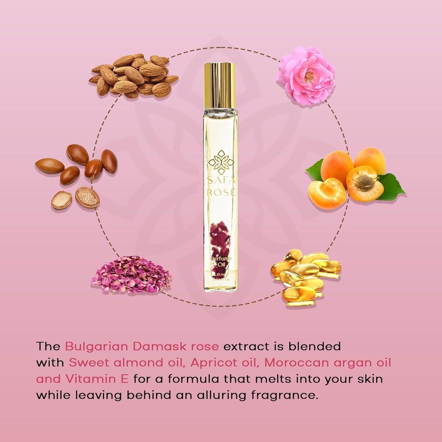 SAFA Rosé Organic Rose Oil Perfume Roller | Bulgarian Damask & Indian Rose Petals | 10 mL Long Lasting Perfume Oil for Women & Men | Non-Toxic, Alcohol-Free & Travel Friendly