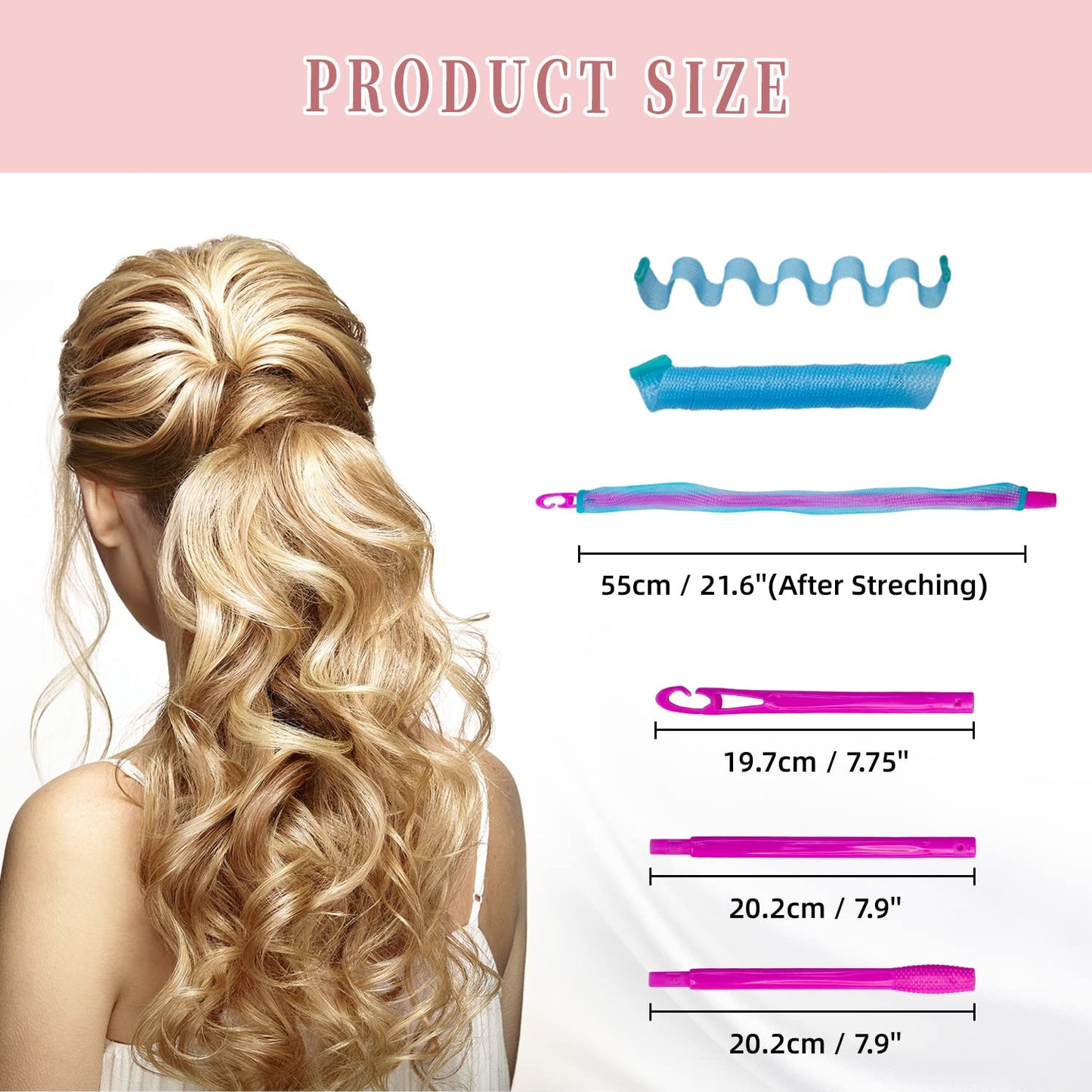 60pcs Heatless Hair Curlers Spiral and Wave Styling Kit 2 Styles No Heat Curlers with 2 Pieces Hooks for Women Girl's Short Medium and Long Hair((21.8 Inch/55 cm)