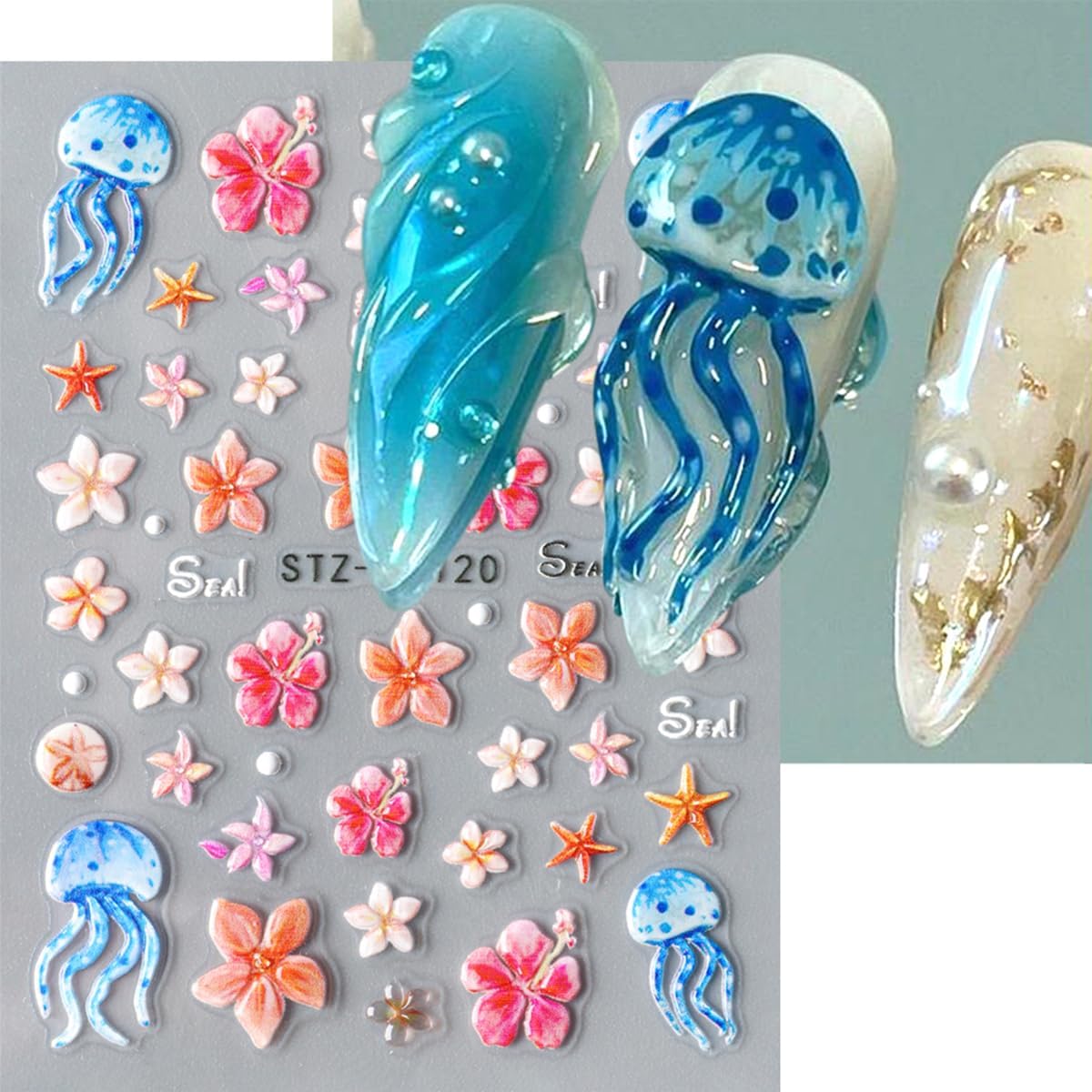 Summer Nail Art Stickers Decals Starfish Jellyfish Flower Nail Stickers Self Adhesive Nail Design 5D Embossed Nail Decals Ocean Theme Summer Manicure Sliders Accessories for Women DIY Nails Decoration