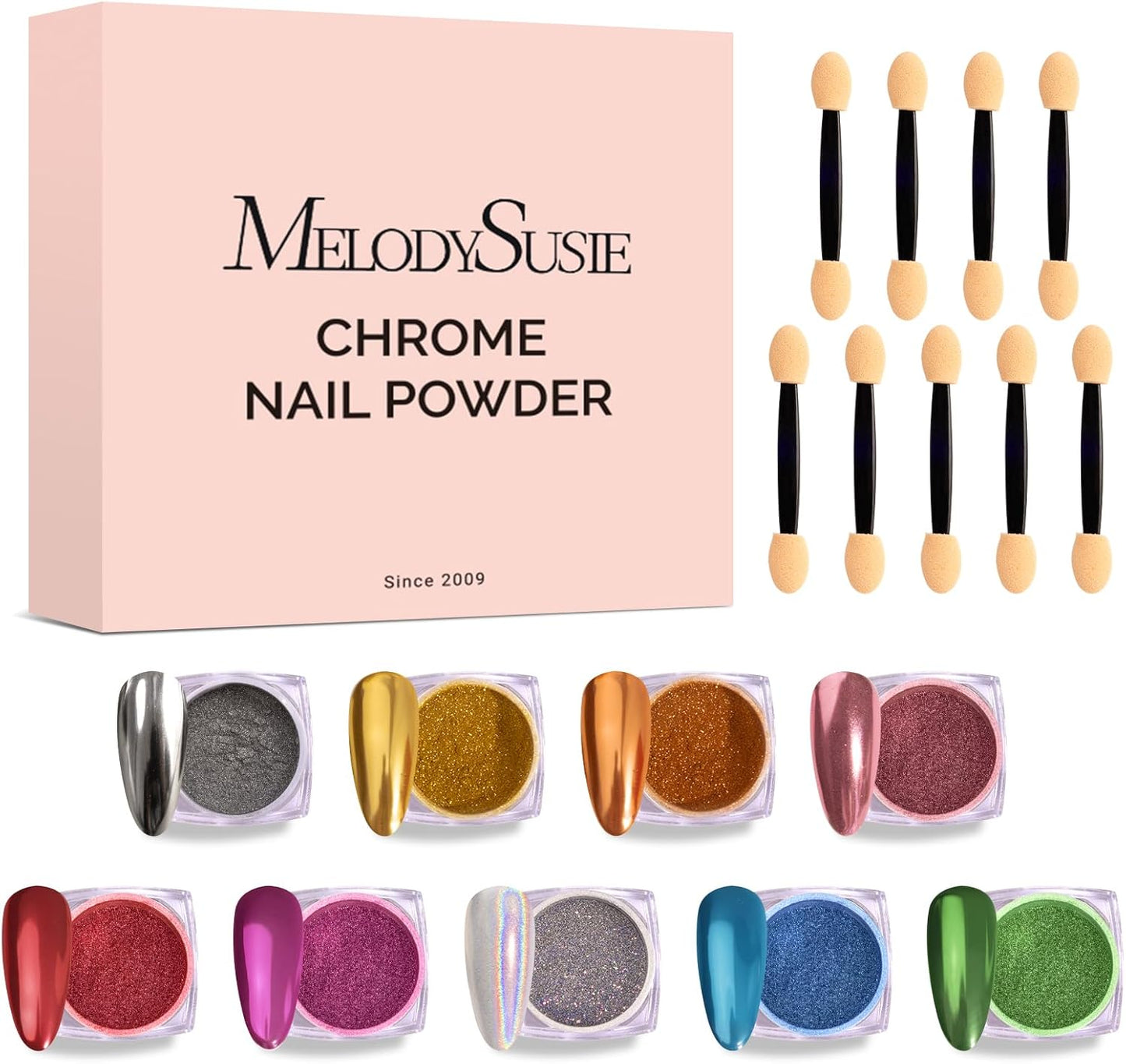 MelodySusie 9Pcs Chrome Nail Powder for Gel Nails,Metallic Mirror Effect Pigment Stylish and Technological Fine Glitter for Home DIY Salon Use