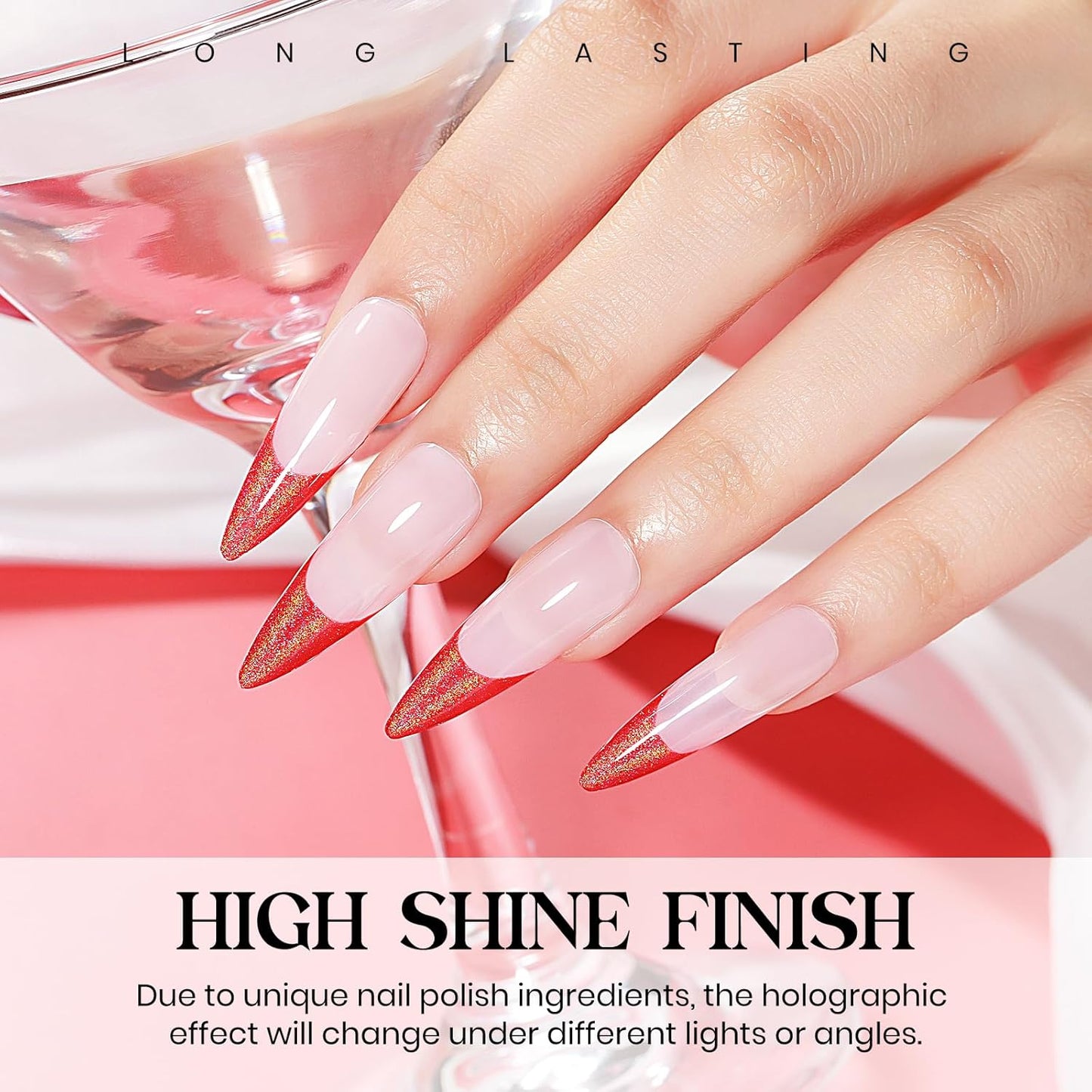 MIZHSE Holographic Nail Polish, Red Glitter Nail Polish Air Dry Fast, 15 ml 0.5 fl oz High Glossy Shiny Nail Pigment Oil-based Laser Iridescent Chrome Halo Nail Art Salon Manicure Home