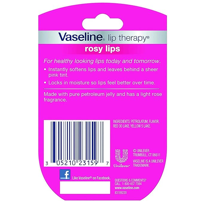 Vaseline, Rosy Lips, Lip Therapy.25 OZ, (Pack of 3), Violet, 75.0Ounce