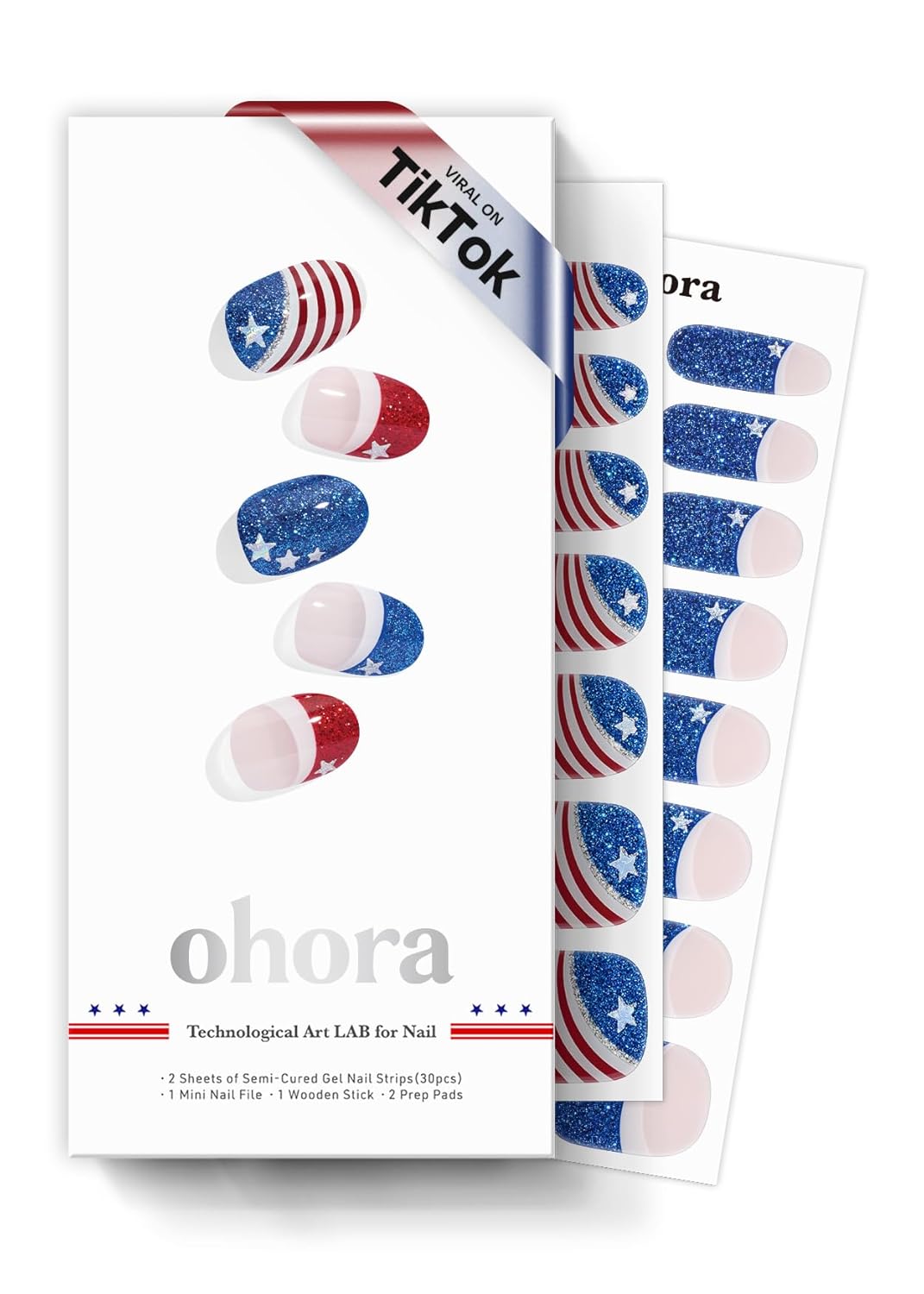 ohora Semi Cured Gel Nail Strips (N Star Stripes) - Works with Any Lamps, Salon-Quality, Long Lasting, Easy to Apply & Remove - Includes 2 Prep Pads, Nail File & Wooden Stick