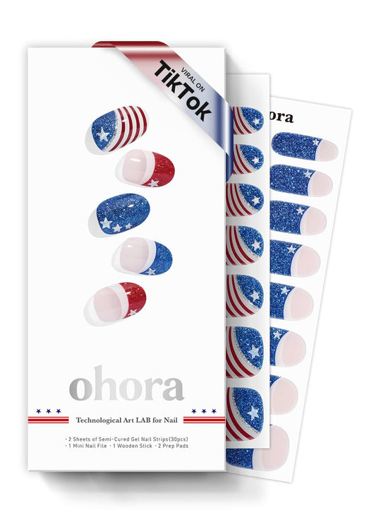 ohora Semi Cured Gel Nail Strips (N Star Stripes) - Works with Any Lamps, Salon-Quality, Long Lasting, Easy to Apply & Remove - Includes 2 Prep Pads, Nail File & Wooden Stick