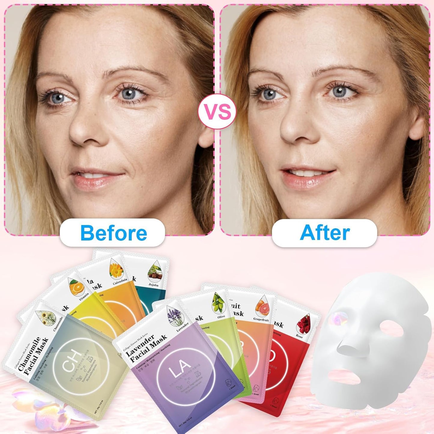 VESPRO 100 Pack Collagen Essence Sheet Facial Masks, Bulk Face Masks Skincare, Hydrating Face Masks for All Skin Types, Moisturizing and Soothing, Skin Care Spa Face Mask