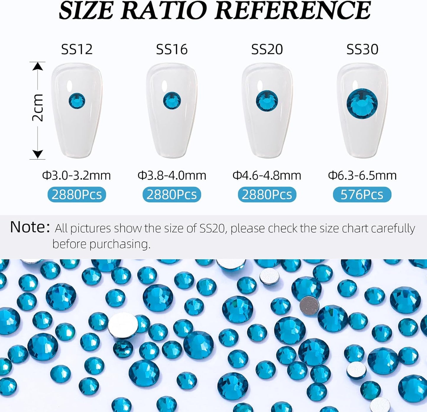 Malachite Blue Flatback Rhinestones, Glass Rhinestones for Nail Art and Craft, Glue Fix, Loose Crystal Gemstones(Malachite Blue, SS12, 2880pcs, 2.9-3.0mm)