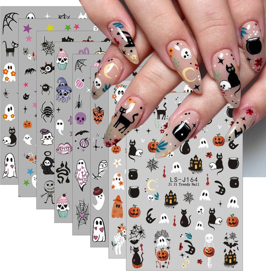 Halloween Nail Stickers for Nail Art, 8Pcs 3D Halloween Nail Art Stickers Cute Cat Ghost Pumpkin Nails Decals Skull Spider Web Bat Design Self-Adhesive Nails Art Supplies for Women DIY Manicure Decor