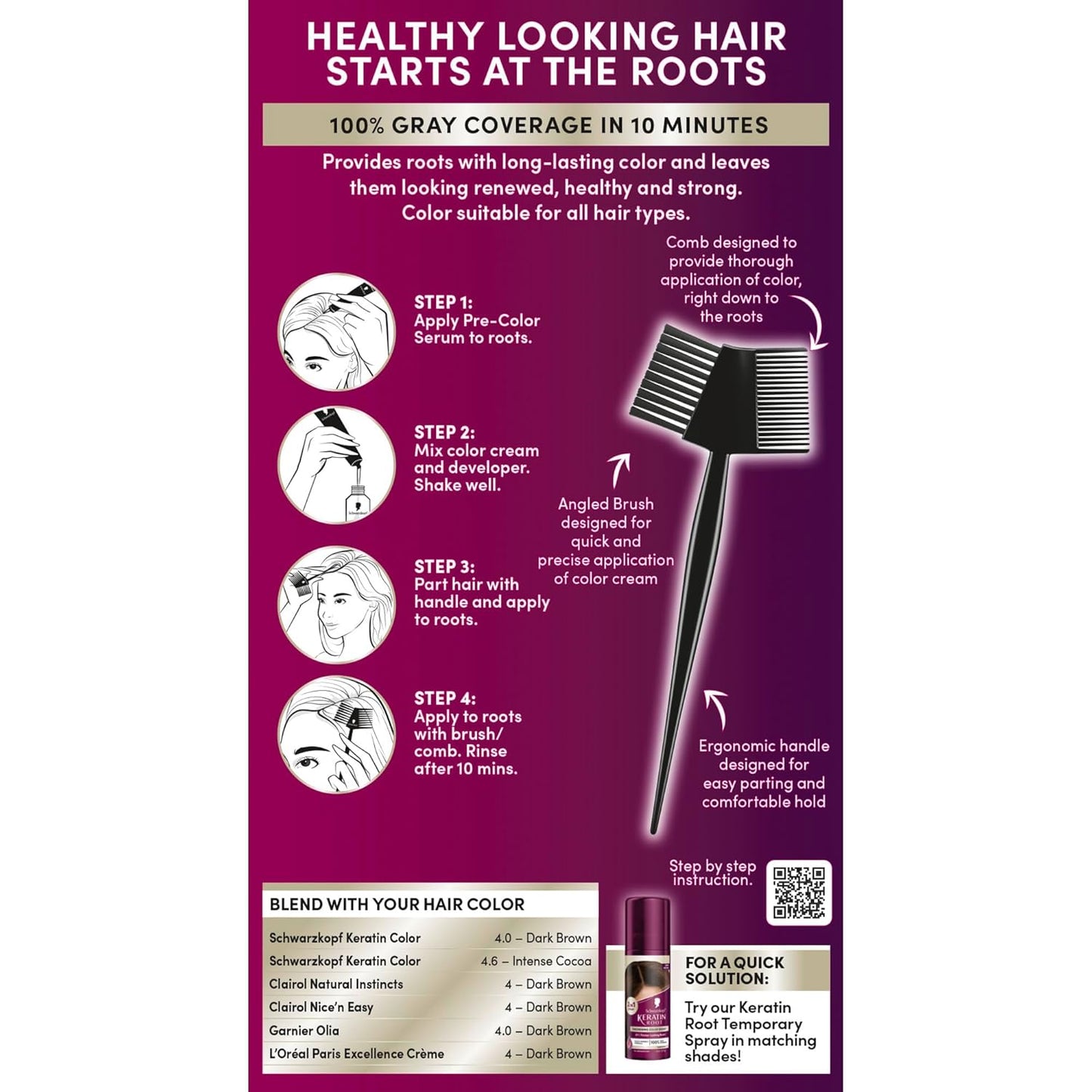 Schwarzkopf Keratin Color Root Permanent Hair Color Kit, Dark Brown, 1 Application - Salon Inspired Permanent Hair Dye, for up to 80% Less Breakage vs Untreated Hair and up to 100% Gray Coverage