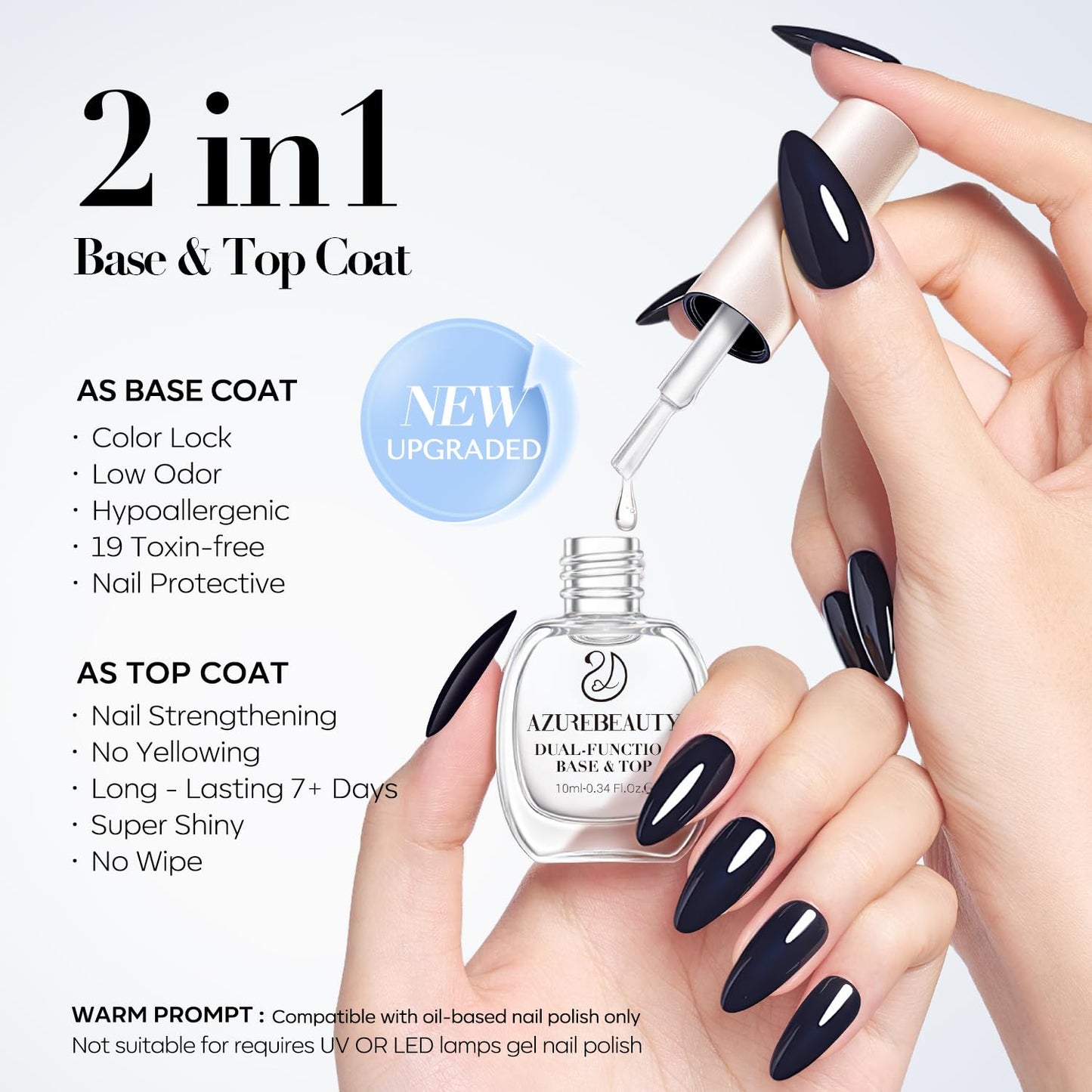 AZUREBEAUTY 2-in-One Clear Base & Top Coat Nail Polish Strengthener Set – Quick Dry, High Shine, Long Lasting, Air Dry, 2 Bottles 10ml, Gentle Formula, Natural Ingredients, Salon Quality