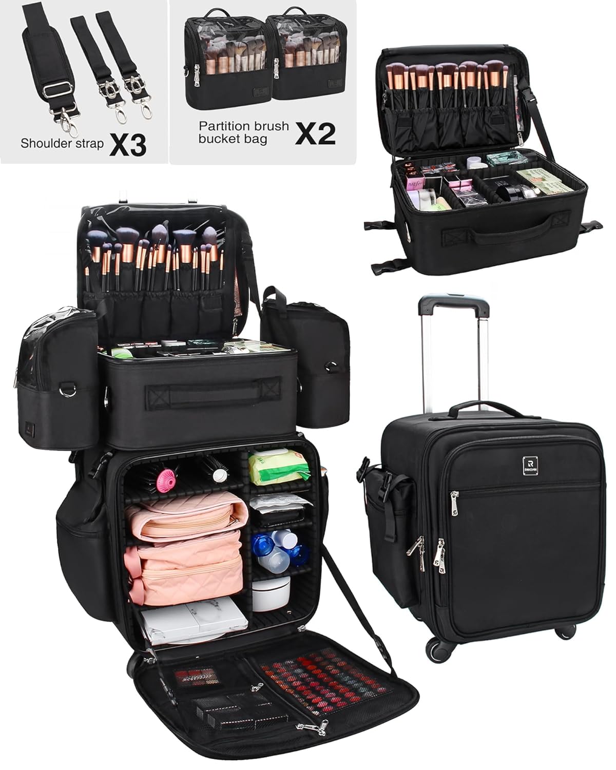 Relavel Rolling Makeup Case Professional Makeup Train Case Makeup Artist Travel Organizer 5 in 1 with Detachable Cosmetic Case and Dual Makeup Brush Case and Wheels (Black, 4-Pack)