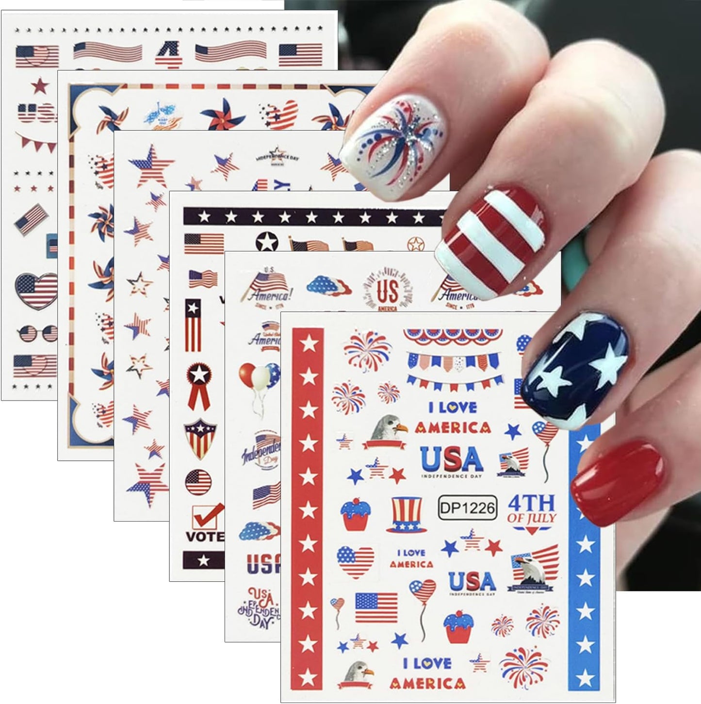 6Pcs Independence Day Nail Art Stickers Patriotic American Flag Heart Balloon Fireworks Nail Design 4th of July Nail Stickers 3D Self-Adhesive Star Nail Decals Decoration for Women DIY Nail Supplies