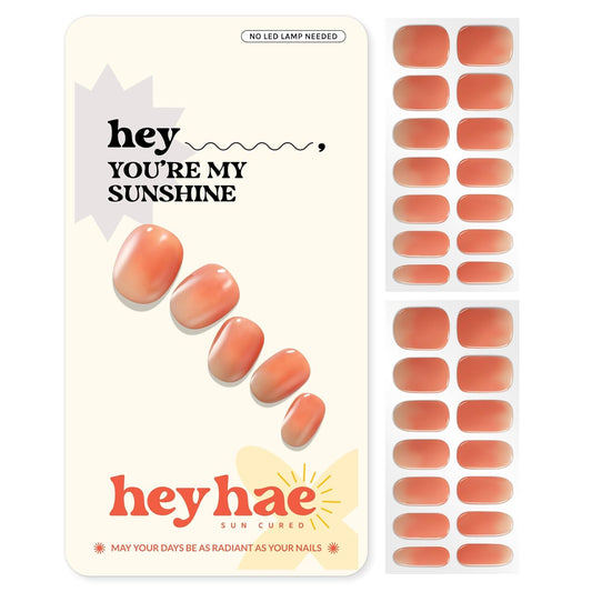 Semi Cured Gel Nail Strips | No LED Lamp Needed | Ombre, Orange, Spring | Easy Apply & Remove, Salon Quality |Includes 28 Strips, 1 Prep Pads, Nail File & Wooden stick - Hey, You're My Sunshine