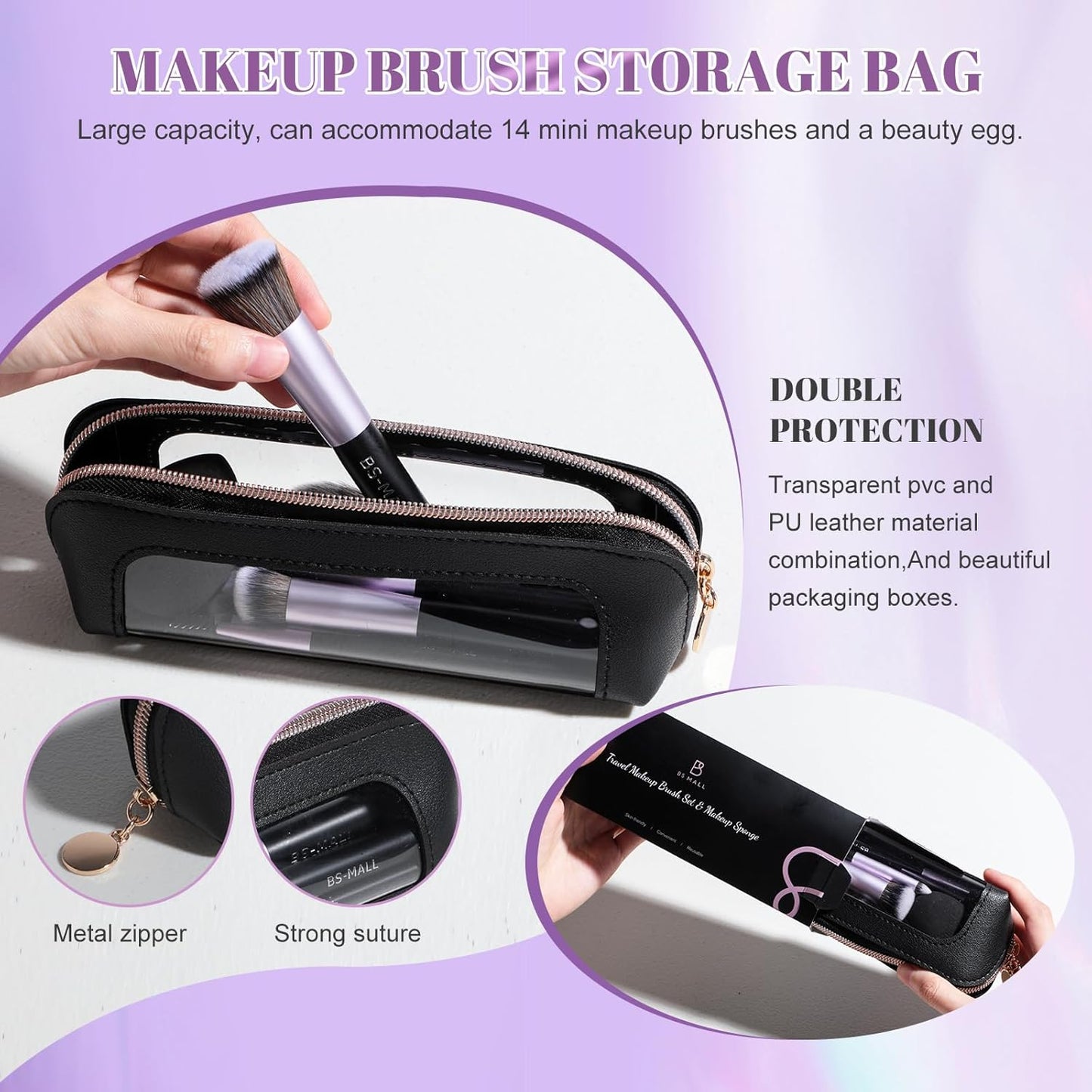 BS-MALL 14 Pcs Makeup Brushes Set with 1 Pcs Makeup Sponge – Essential Foundation Powder Concealers, Eye Shadows, Blush Makeup Brushes with Travel Makeup Case (Purple)