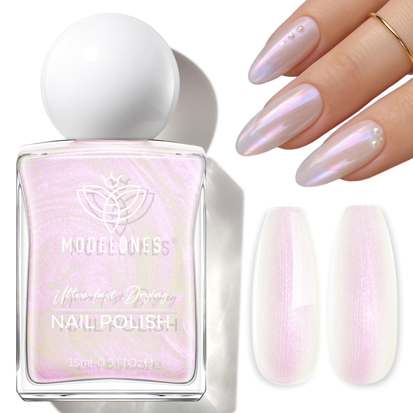 modelones Pearl Nail Polish, 15 ml Quick Dry Chrome Nail Polish Holographic Iridescent Shimmer Long Last Toe Fingernail Polish Nail Art Manicure Gift for Women Girls 0.5 Fl Oz