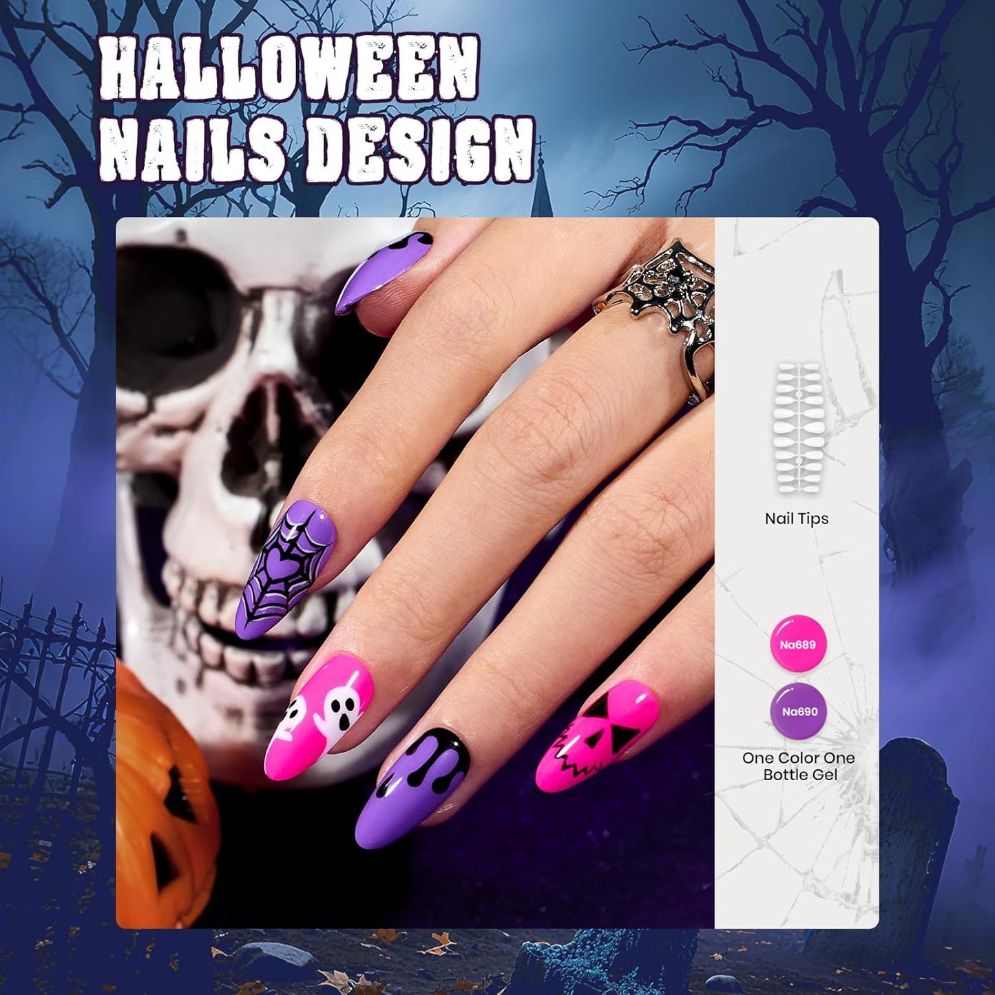Beetles Halloween Gel Nail Polish Set with Mini LED Nail Lamp Purple Red Green Yellow Gel Polish with Base Top Coat Nail Art Brushes Salon DIY Gift Basket for Women
