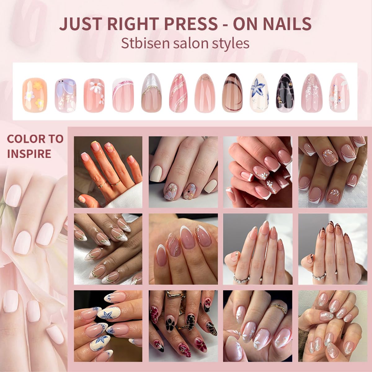 French Press On Nails Short Almond, Nude Fake Nails with White French Tip and 3D Minimalist Gold Line Design, Glossy Gel Finish Acrylic Nails, Natural Reusable Glue On Nails Kit for Women, 24Pcs
