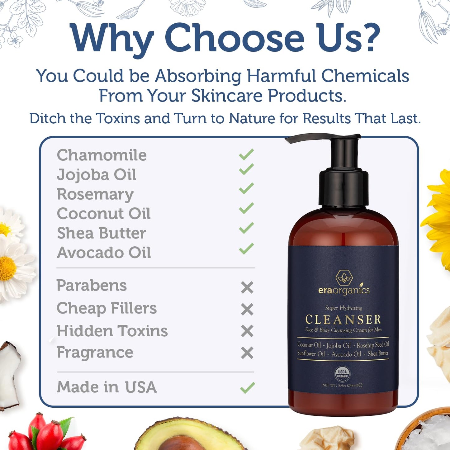 Era Organics USDA Organic Men's Face Wash - Nourishing, Hydrating Facial, Body Cleanser for Smoother Skin