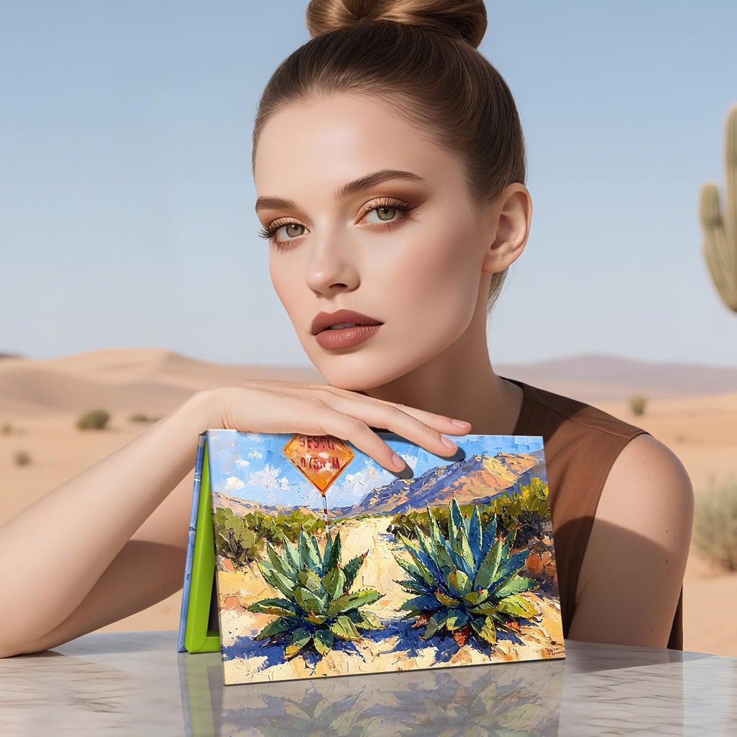 Magnetic Makeup Palette, Empty Eyeshadow Palette With Mirror Inside, Oil-Painting Embossed Design Art Paper Makeup Organizer DIY (Desert Star)