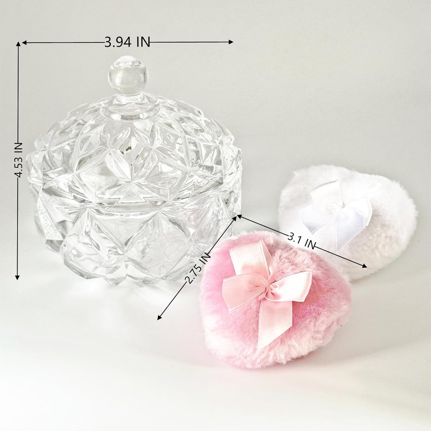 Body Powder Puff and Container - Glass Dusting Powder Container with 2 Soft Puffs Vintage Powder Puff Case for Women & Girls (3.94x3.94x4.53 H IN) - GRB012-Transparent