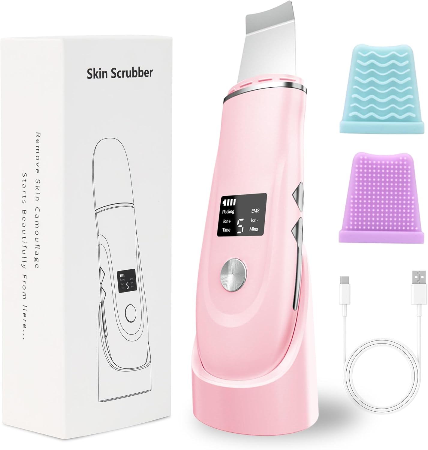 Face Scrubber Skin Spatula - Blackhead Remover Deep Cleansing Tool for Pore Extraction, 4-in-1 Fast Charging Dock Blackhead Remover Face Spatula for Facial Skincare Women Gift (Pink)