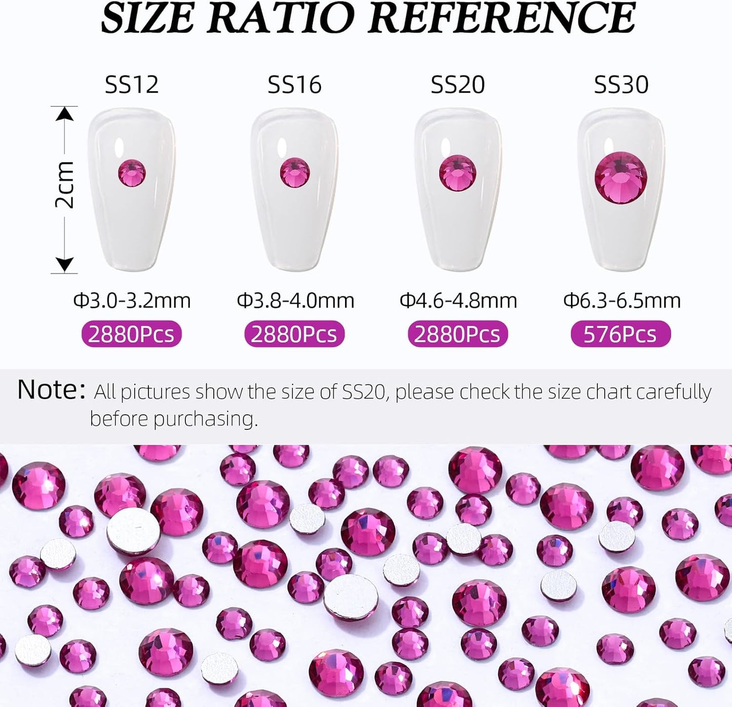 Fuchsia Flatback Rhinestones, Glass Rhinestones for Nail Art and Craft, Glue Fix, Loose Crystal Gemstones(Fuchsia, SS12, 2880pcs, 2.9-3.0mm)