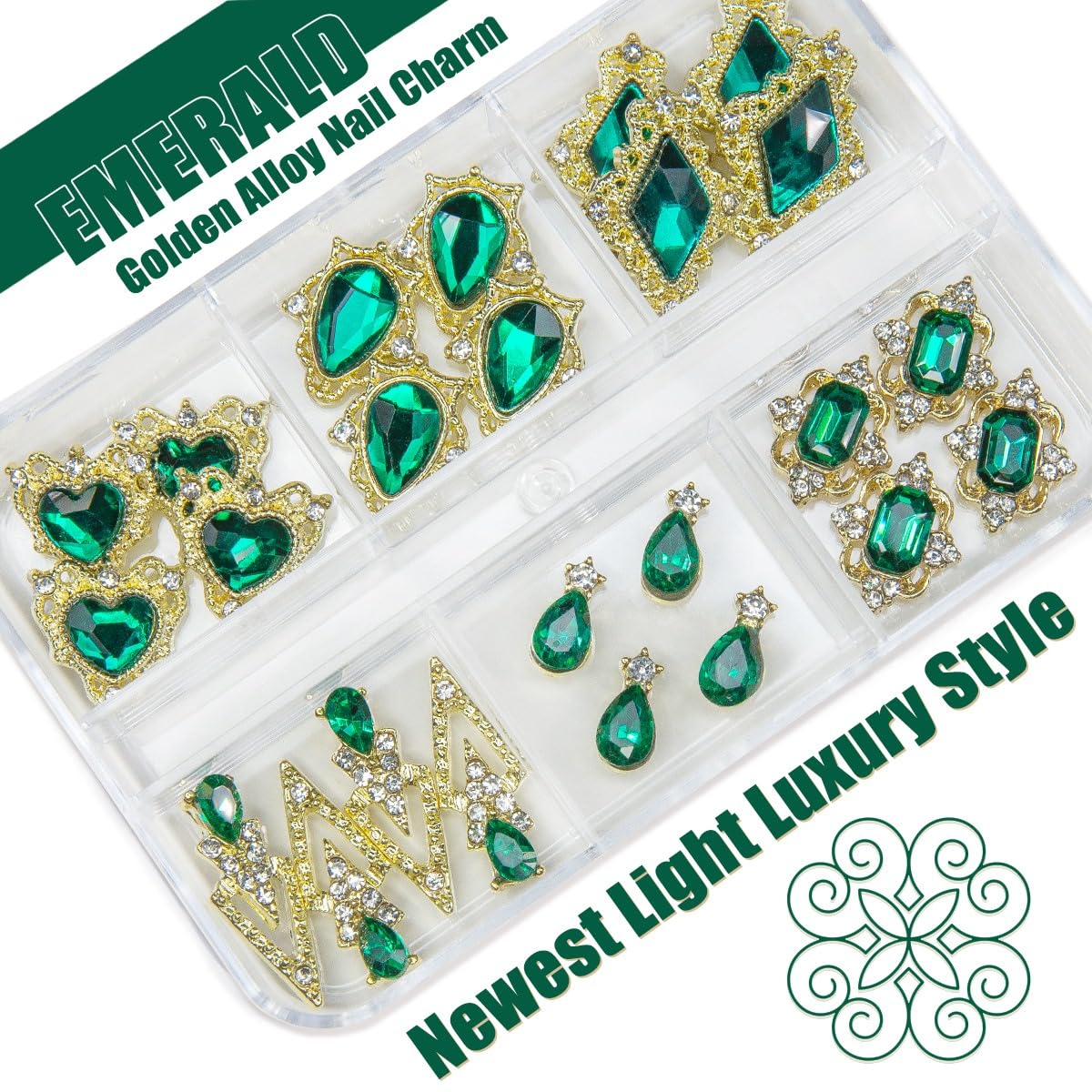 24pcs 6 Styles Emerald Green Nail Charms Big Luxury Nail Rhinestones Heart Gems Crystals Diamonds Jewelry Jewels Stones Nail Art Studs for Arylic Nails DIY Crafts Clothes Shoe Phones Cardmaking