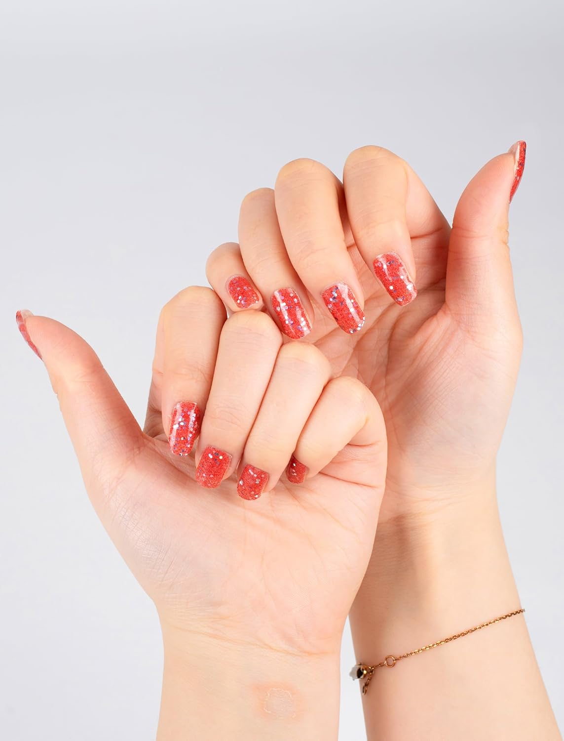 Self-Adhesive Semi Cured Gel Glitter Nail Strips No UV Light Needed, 48 Pcs Press on Color Nail Design Polish Stickers Kit with Nail Files for Women (Deep Red)(Deep Red)