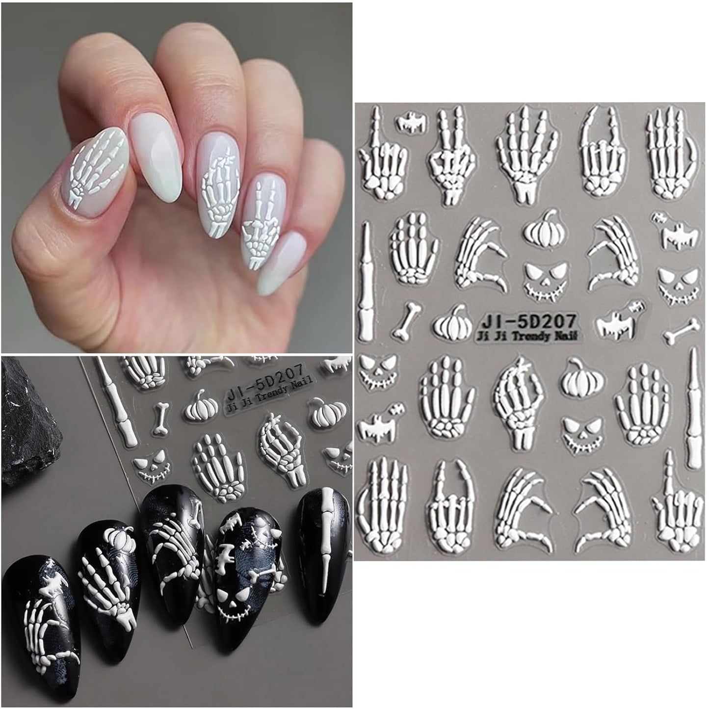 5 Sheets Halloween Nail Art Stickers Decals 5D Nail Decals Gold White Bone Pattern Sticker Self-Adhesive Skull Nails Supplies Accessories 3for Women Halloween Nails DIY Decoration