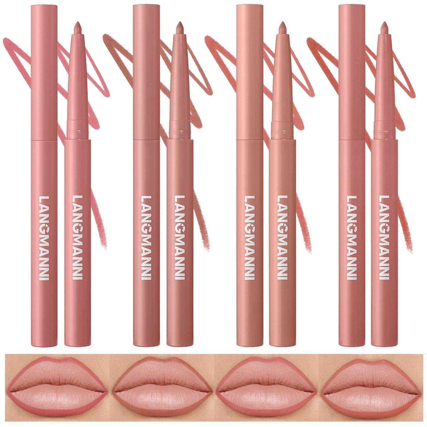 LANGMANNI 4Pcs Sculpting Matte Velvet Lip Liner Set,Smooth Creamy Texture,Waterproof And High Pigmented For Girls Daily Application Lip Makeup(1+2+3+4)
