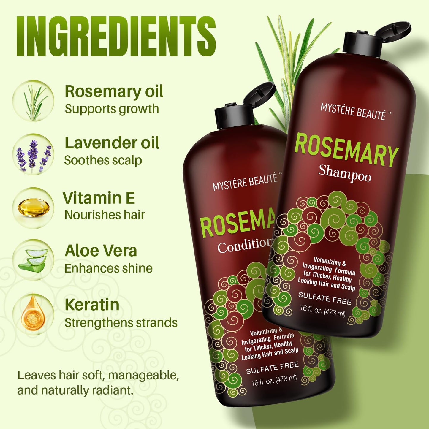 Rosemary Shampoo and Conditioner for Hair Growth, Sulfate Free Organic Rosemary Oil Shampoo De Romero Para Crecimiento, Promotes Hair Growth & Scalp Health, for Men Women - 16 fl oz each