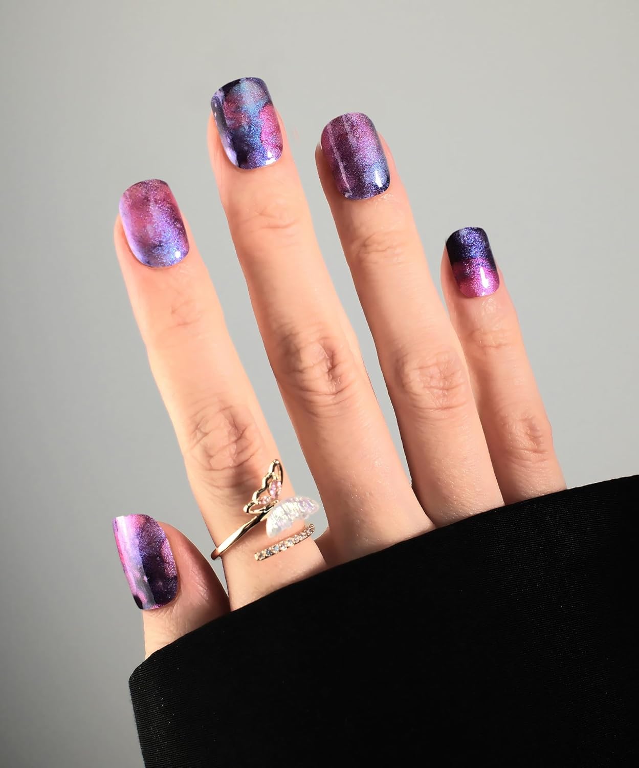 Glitter Nail Polish Strips, 32 Pcs Salon Quality Gel Nail Stickers, Long Lasting Wraps Easy to Use & Remove (Blue and Pink Planet)