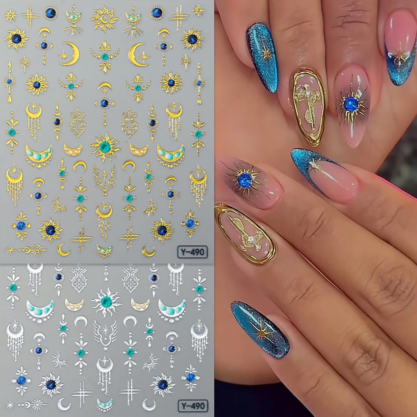 5D Nail Stickers for Nail Art Sun Moon Nail Decals Shiny Bohemian Style Nail Art Supplies Luxury Silver Gold Flower Star Moon Sun Nail Adhesive Stickers Fall DIY Manicure Supplies for Women 4PCS