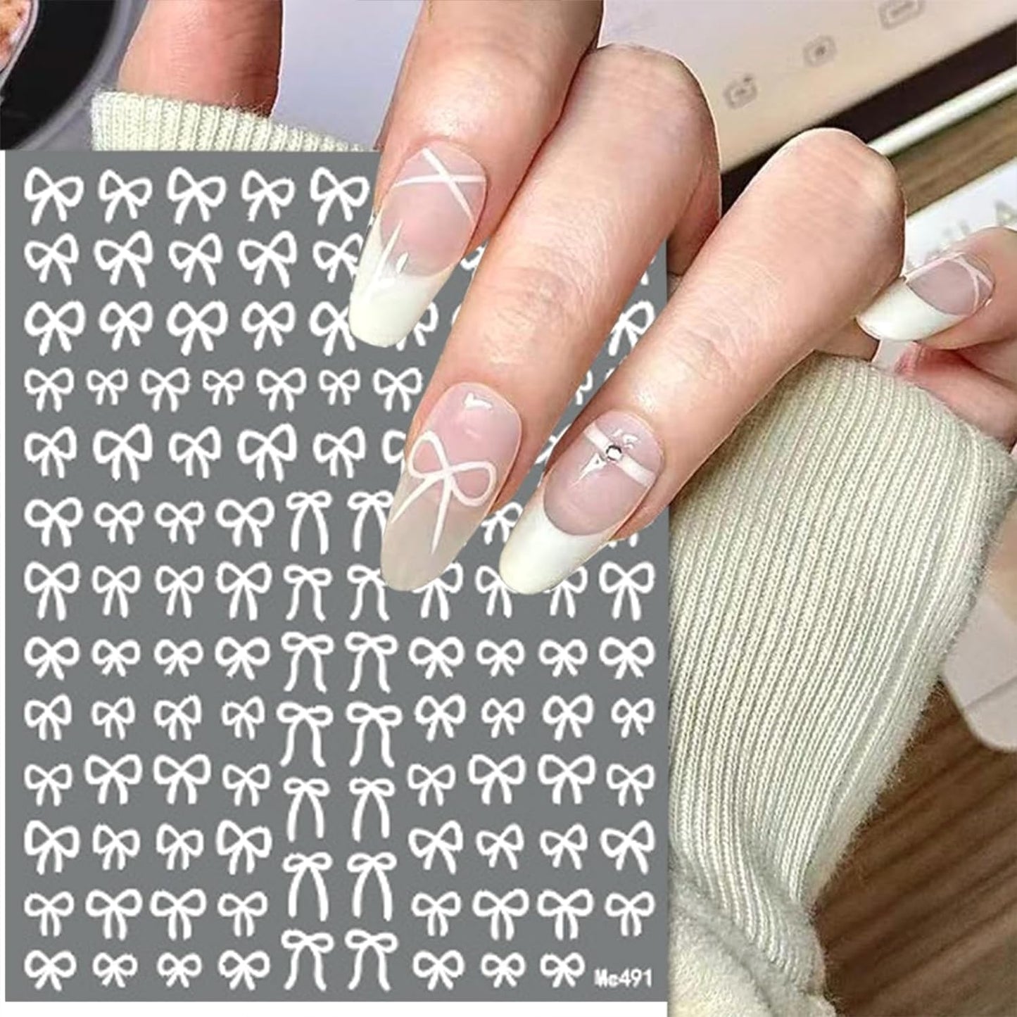 12 Sheets Self-Adhesive Bow Nail Stickers - 3D Decals for Nail Art - Black, White, Pink - DIY Manicure Decorations for Women & Girls