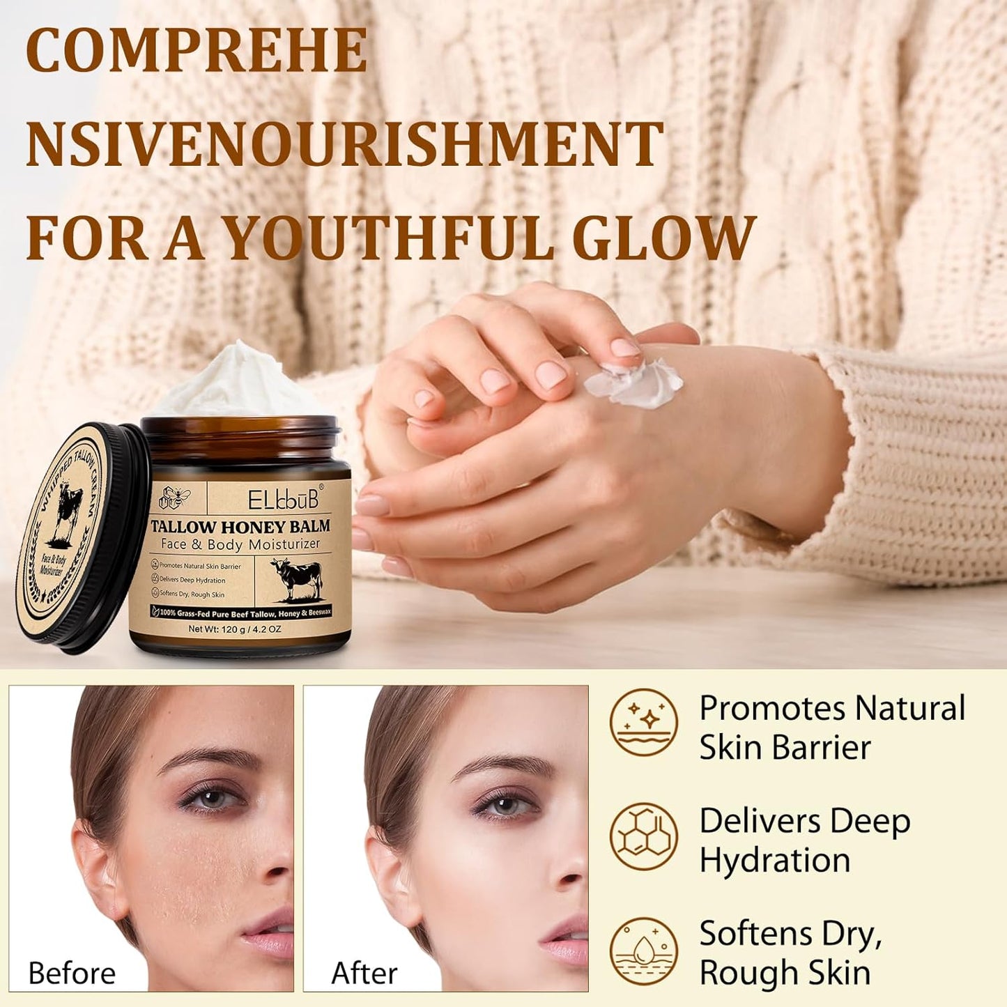 Whipped Tallow Cream for Face & Body - 100% Grass-Fed Beef Tallow, Natural Honey & Beeswax Moisturizer, Deep Hydration & Nourishment, Oil-Free & Unscented, Fast Absorbing