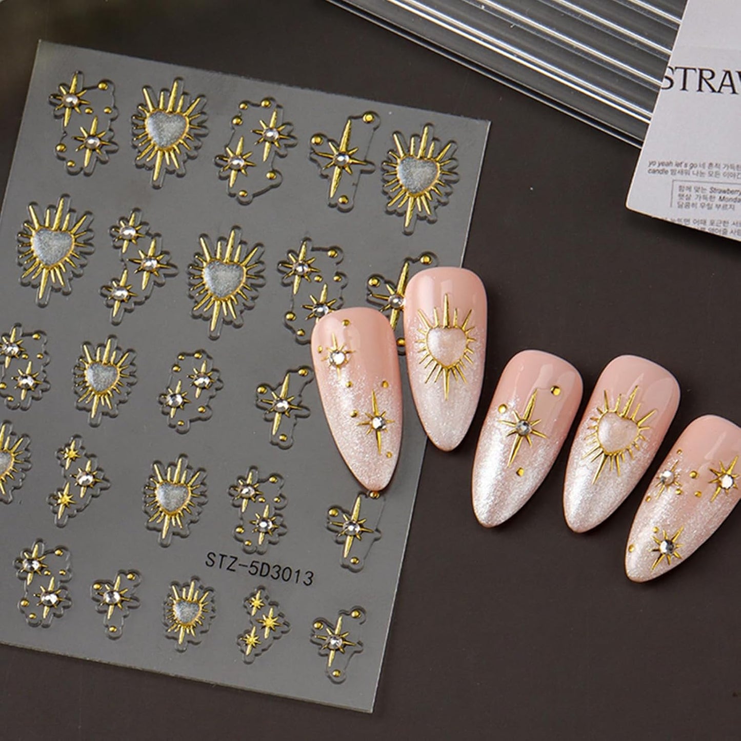 5D Star Nail Art Stickers Gold Nail Decals Rhinestone Design 2PCS Embossed Self-Adhesive Heart Star Moon Nail Supplies DIY Slider Manicures Accessories Stars Nail Art Stickers for Women Decorations