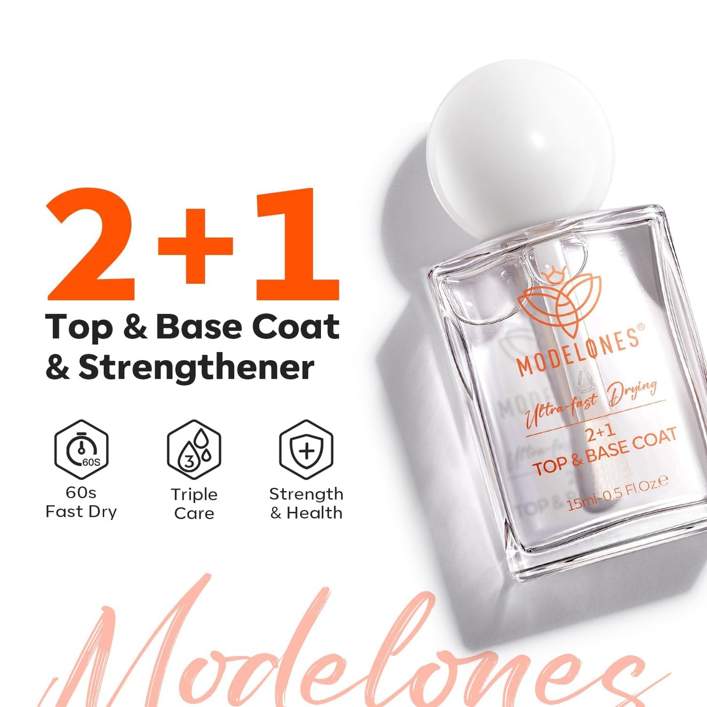 modelones 3-in-One Nail Polish Top Coat and Base Coat, Nail Strengthener, 15 Ml Clear Nail Polish Quick Dry Long Lasting Shine Chip Fade Resistant Nails Protect Care 2025 Gifts for Women
