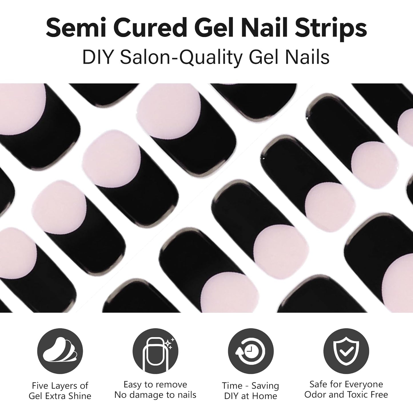 Semi Cured Gel Nail Strips-Quick DIY nail art stickers Black French Tip for vacations business trips easy apply at home DIY manicure kit 60s UV/LED lamp needed(Black French)