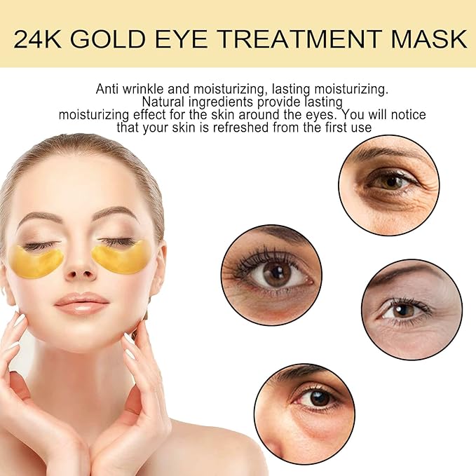24k Gold Under Eye Patches, 60 Pcs Eye Gels, Anti-Aging Collagen Hyaluronic Acid Under Eye Mask, Under Eye Mask for Dark Circles and Puffiness, Eye Bags, Wrinkles