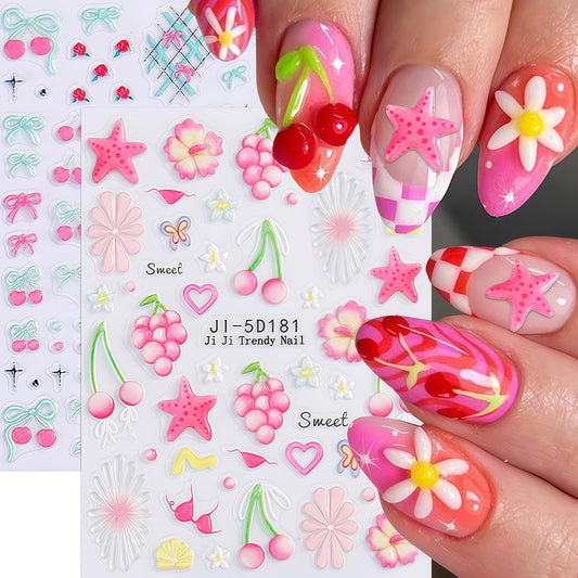 Summer Nail Stickers for Nail Art 5D Embossed Flower Butterfly Bow Heart Cherry Starfish Ocean Theme Style Design Stickers Beach Nail Decals Salon Manicure DIY Decoration Kit for Women Nails
