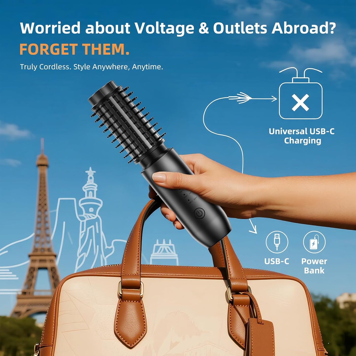 CARESKY® Cordless Curling Iron Brush, 1.5 Inch Mini Travel Hair Curler with 200 Million Negative Ions, Portable Heated Round Straightener Brush Rechargeable for Curl, Touch-Up, De-Frizz, Styling