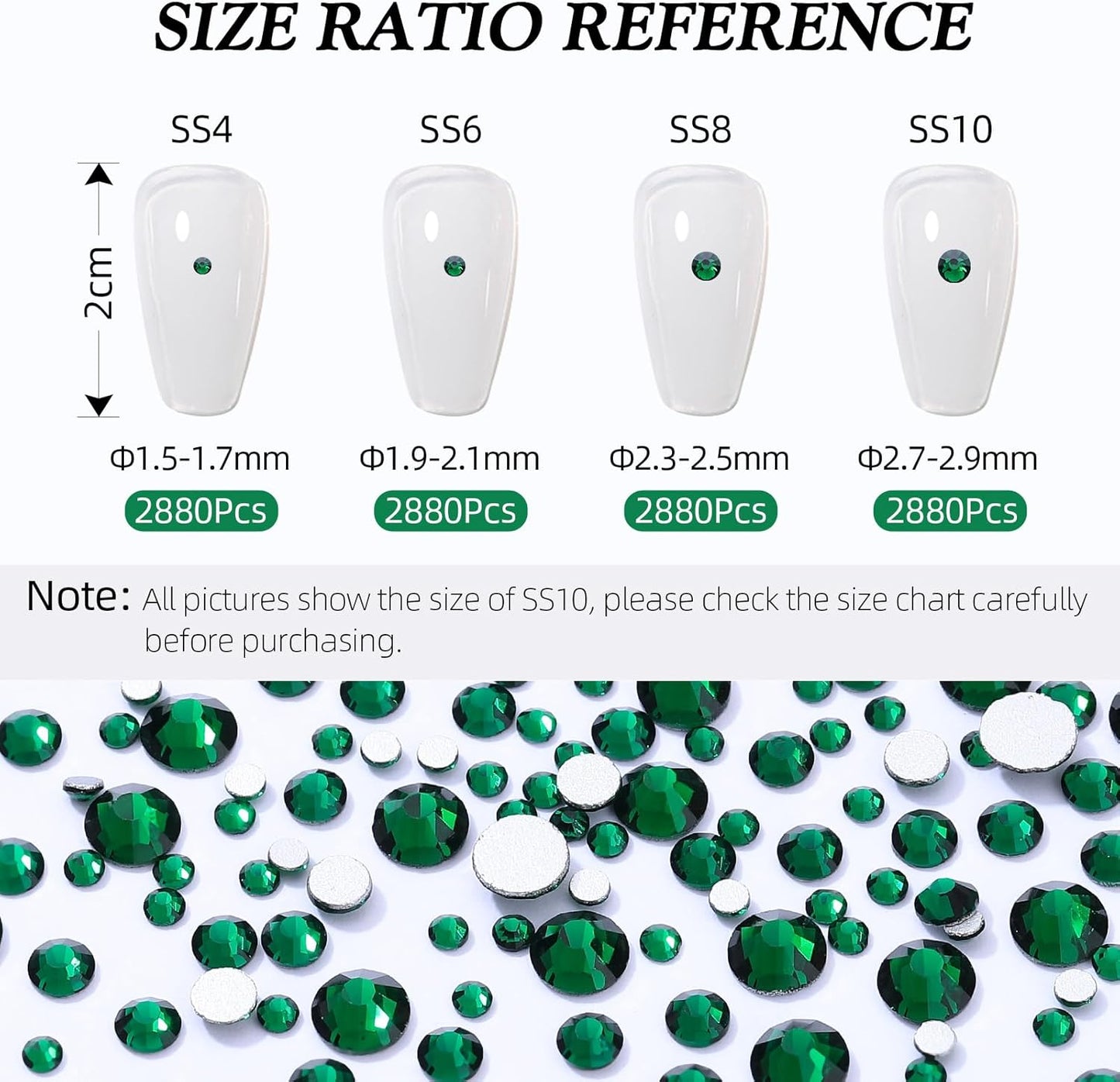 Green Flatback Rhinestones, Glass Rhinestones for Nail Art and Craft, Glue Fix, Loose Crystal Gemstones(Green, SS10, 2880pcs, 2.7-2.8mm)