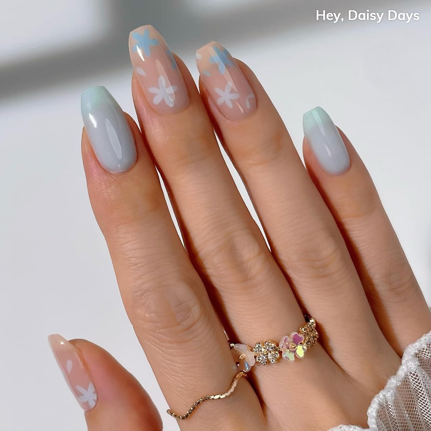 Semi Cured Gel Nail Strips | No LED Lamp Needed | Spring, Marble, Pink | Easy Apply & Remove, Salon Quality | Includes 28 Strips, 1 Prep Pads, Nail File & Wooden stick - Hey, Daisy Days