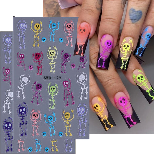 Halloween Nails Stickers Colorful Skull Nails Sticker 3D Embossed Skeleton Skull Self Adhesive Sticker Nail Decals Skeleton Body Nail Art Decal Halloween Decals for Nail DIY Manicure 2Sheet