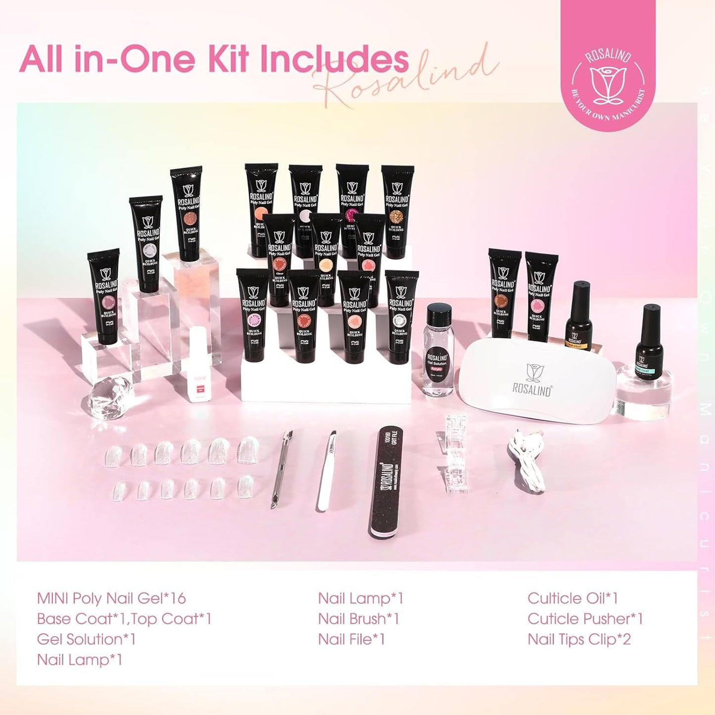 ROSALIND Poly Nail Gel Kit -16 Colors + Nude Glitter Nail Art Accessories kit Clear Nude Poly Nails Gel Kit Starter Kit With Slip Solution Nude Pink Nail Extensions Gel Set with Mini UV Lamp
